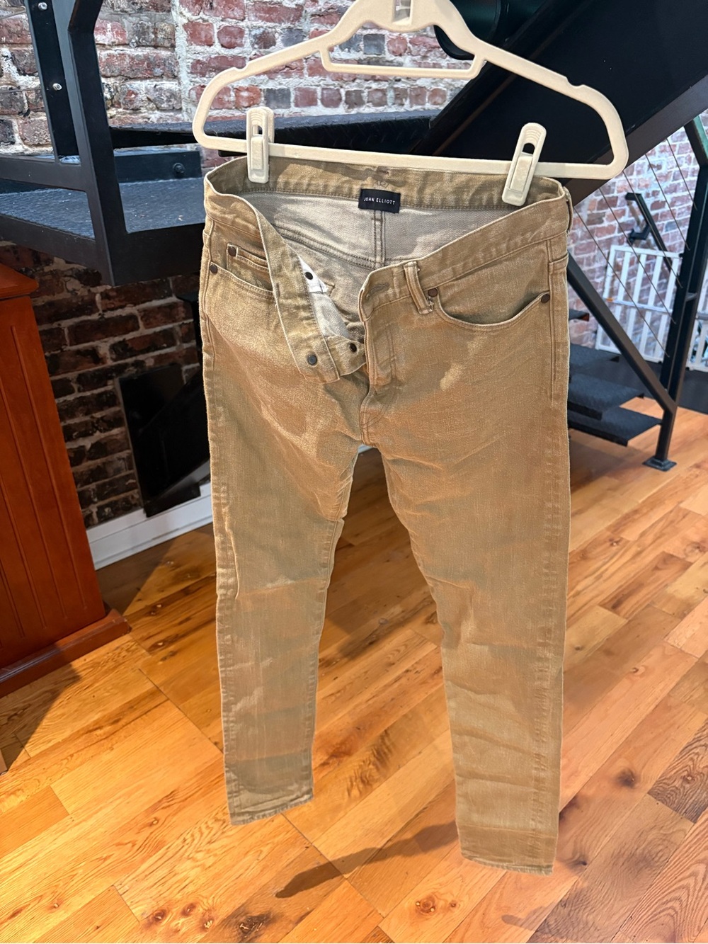 Men's Slim Straight John Elliott Jeans- Green/Tan